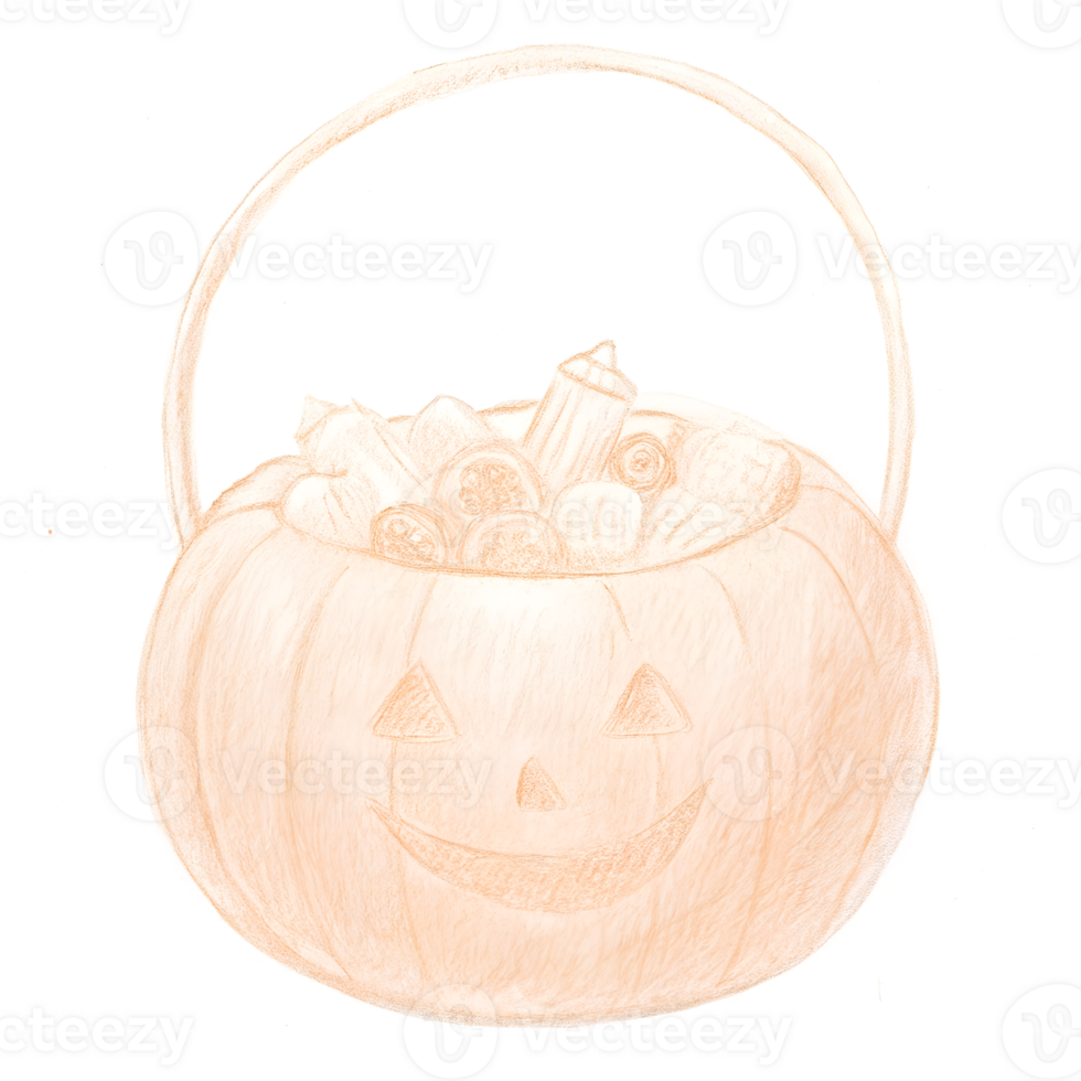 Illustration of a pumpkin-shaped Halloween bucket filled with assorted candies, perfect for Halloween-themed designs and festive decoration. png