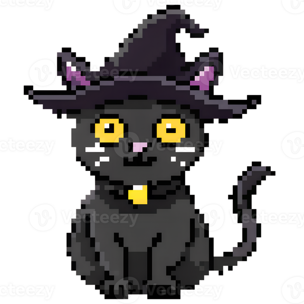 Pixel art black cat wearing a witch hat, perfect for Halloween-themed projects, websites, and digital artwork. png