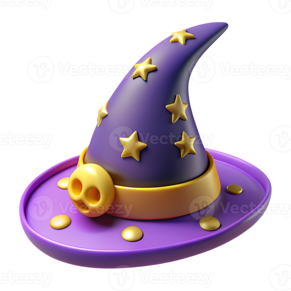 Purple wizard hat adorned with gold stars and a skull on a purple baseplate, perfect for fantasy and magical themes. png
