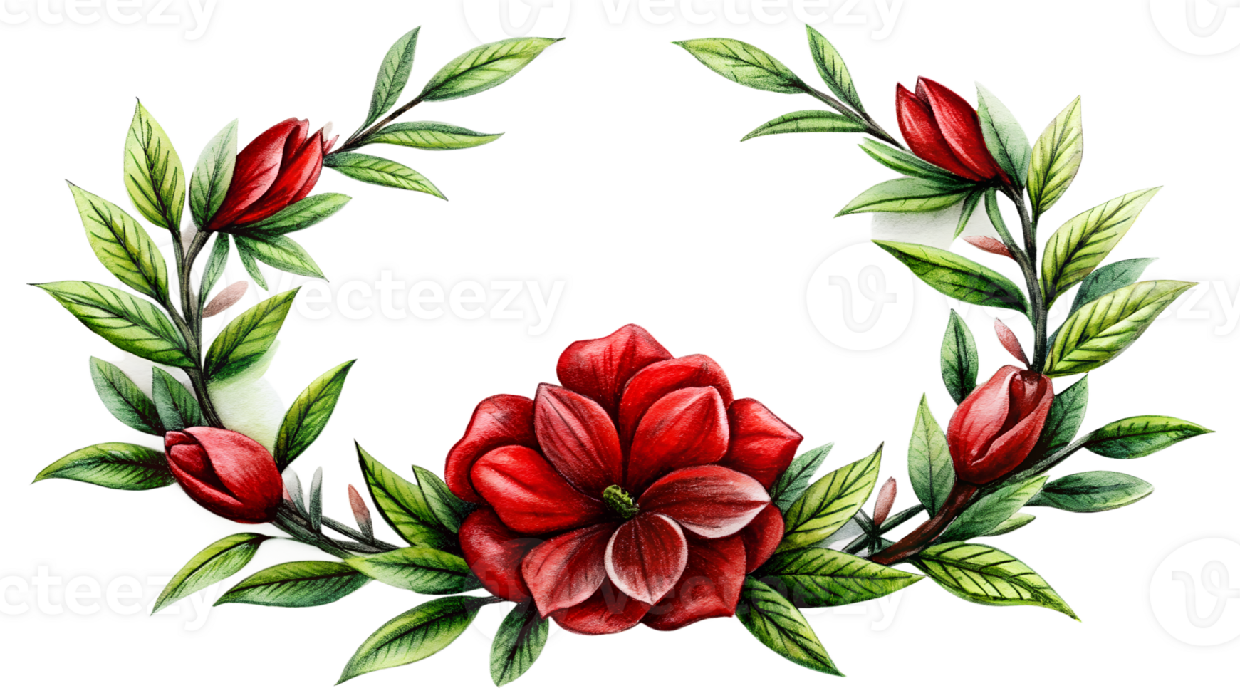 Elegant floral wreath with vibrant red flowers and lush green leaves, perfect for invitations, decorations, and design projects. png