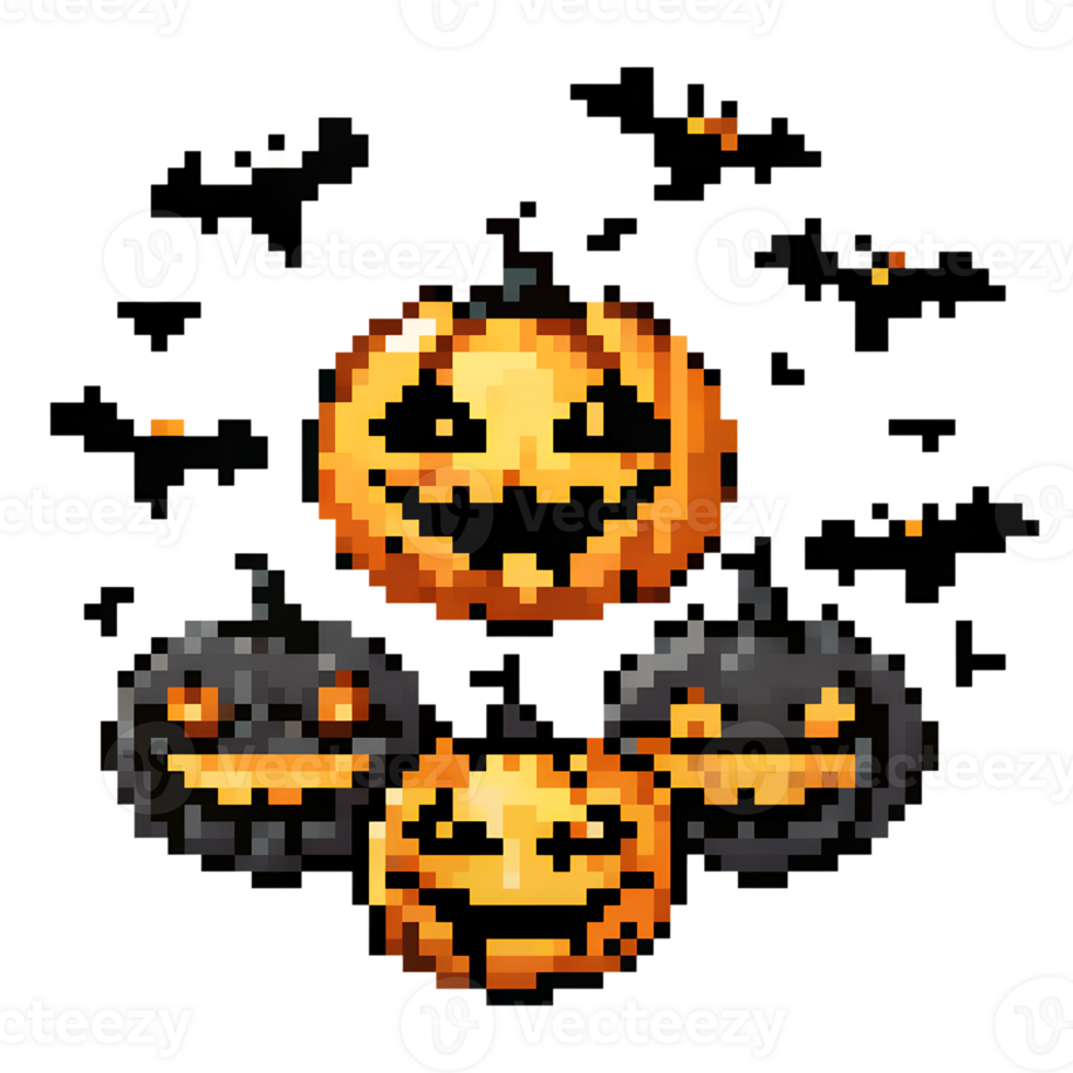 Pixel art of Halloween pumpkins with spooky smiling faces surrounded by flying bats, a perfect Halloween-themed illustration. png