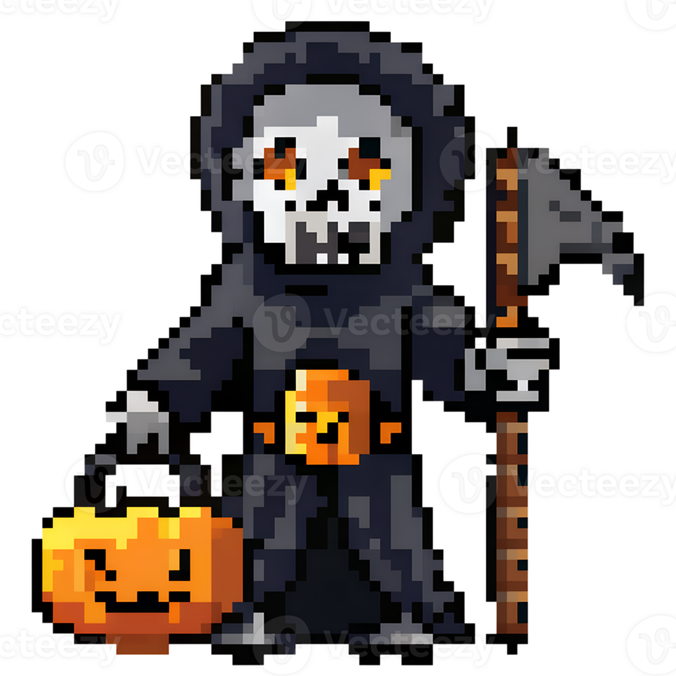 Pixel art of skeleton dressed as Grim Reaper holding Halloween pumpkin lantern and scythe, perfect for spooky seasonal designs. png