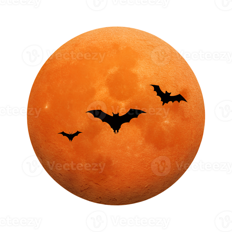 Orange full moon with three silhouetted bats flying across it, perfect for Halloween or spooky-themed designs. png