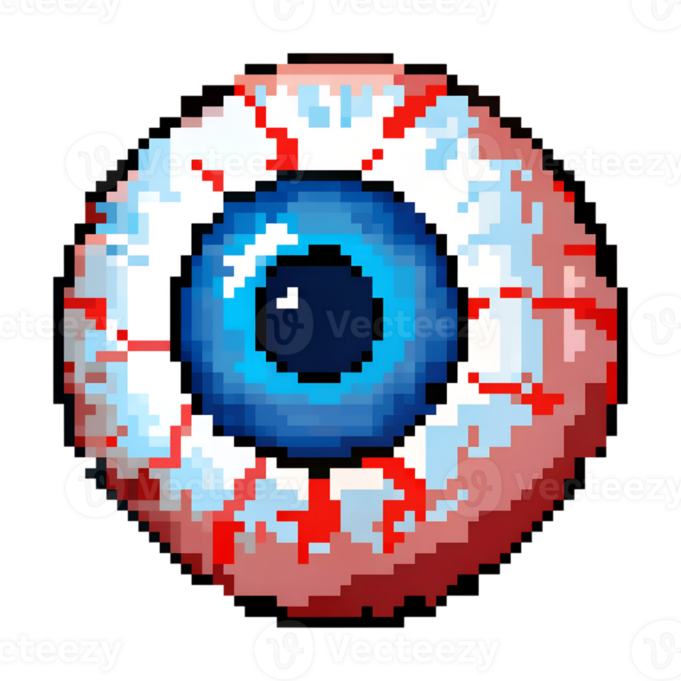 Pixel art blue eye with red veins, in a unique and vibrant design, isolated on white background png