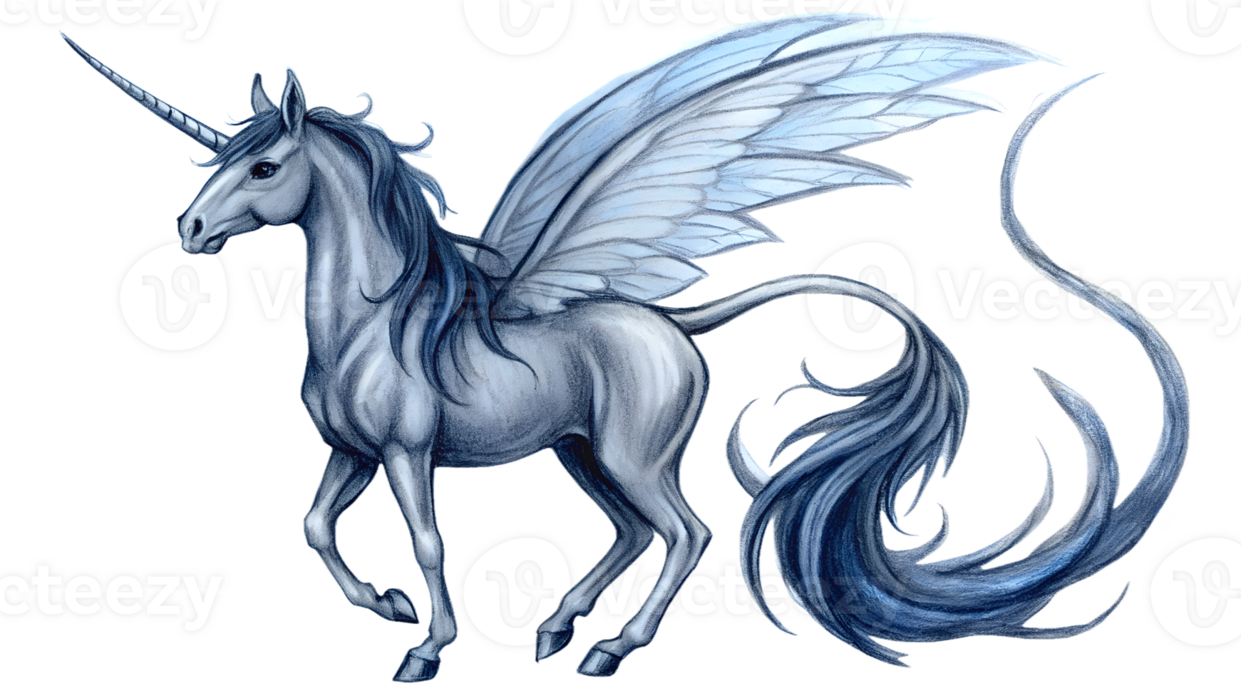 Majestic fantasy unicorn with wings, showcasing mythical elegance and beauty in a digitally illustrated artwork. png