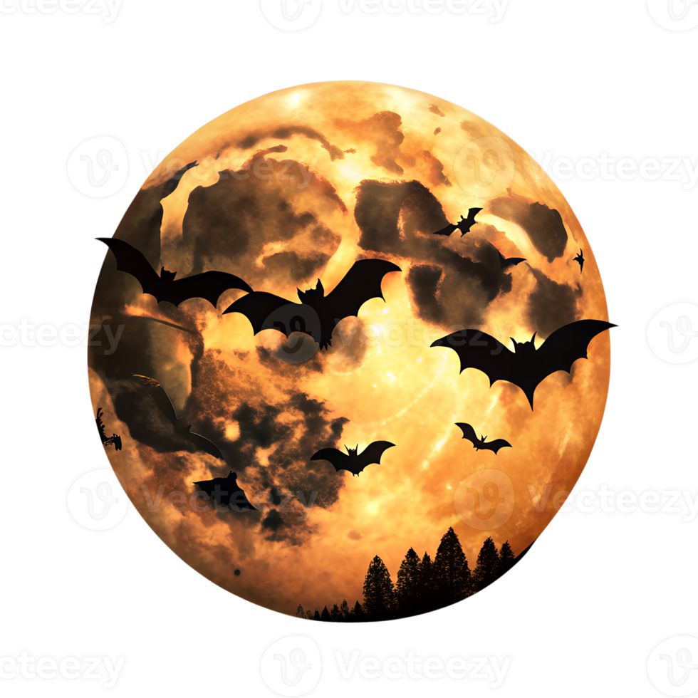 Spooky full moon night with flying bats and dark clouds, perfect for Halloween themed imagery and eerie atmospheres. png