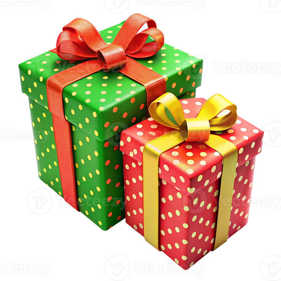 Two colorful gift boxes with ribbons, perfect for holiday celebrations, birthdays, and special occasions. High-quality stock photo. png