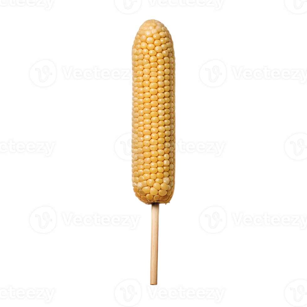 Close-up shot of a perfectly formed corn cob on a stick, isolated on a white background, showcasing the detail of the kernels. png