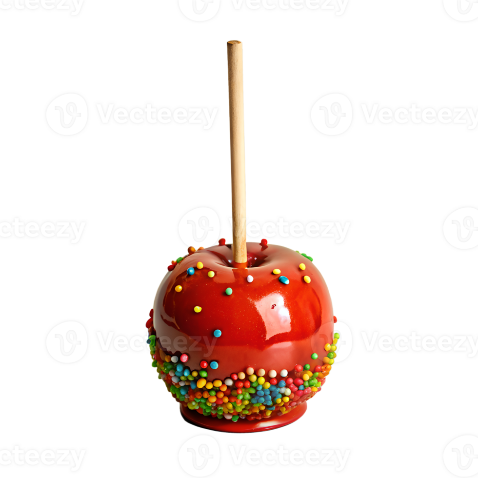 Close-up of a glossy red candy apple on a stick, decorated with colorful sprinkles, isolated on a white background. png