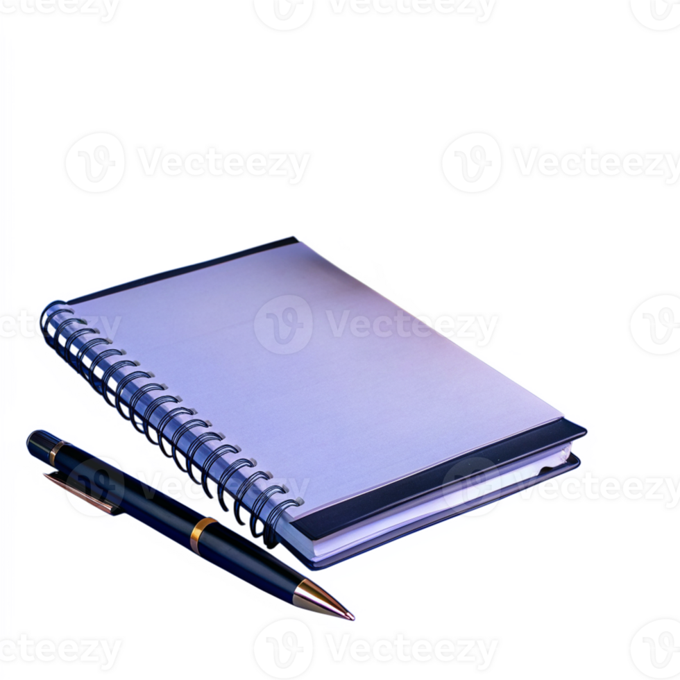 A spiral notebook and pen on a reflective surface, ideal for writing, journaling, and note-taking in a professional or academic setting. png