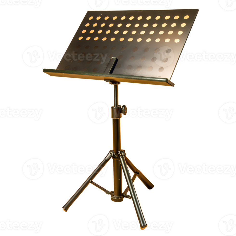 Adjustable metal music stand with perforated sheet holder, ideal for musicians and performers in practice sessions or live performances. png
