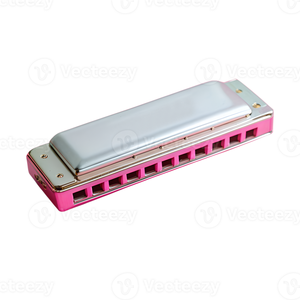 Colorful harmonica isolated on white background, showcasing a pink and silver design. Ideal music instrument stock photo. png