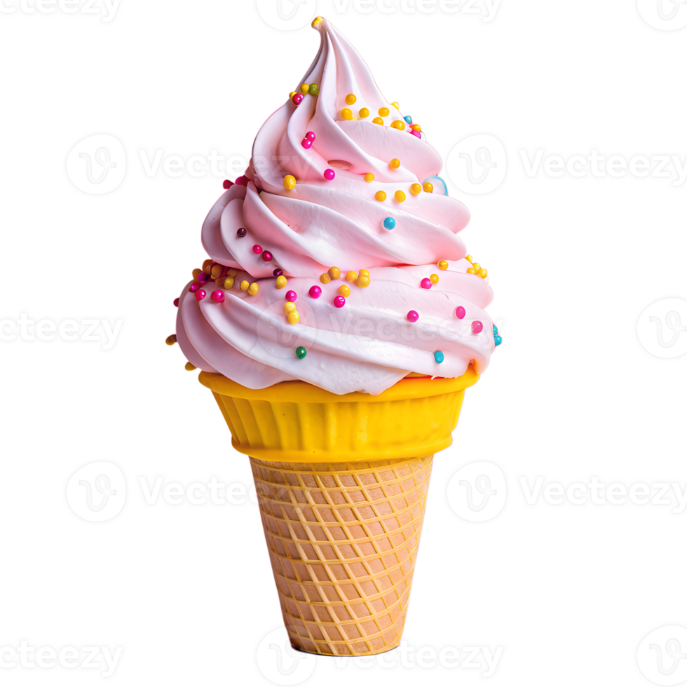 Delicious pink soft serve ice cream cone with colorful sprinkles on a waffle cone, perfect for summer dessert creations and sweet treats. png