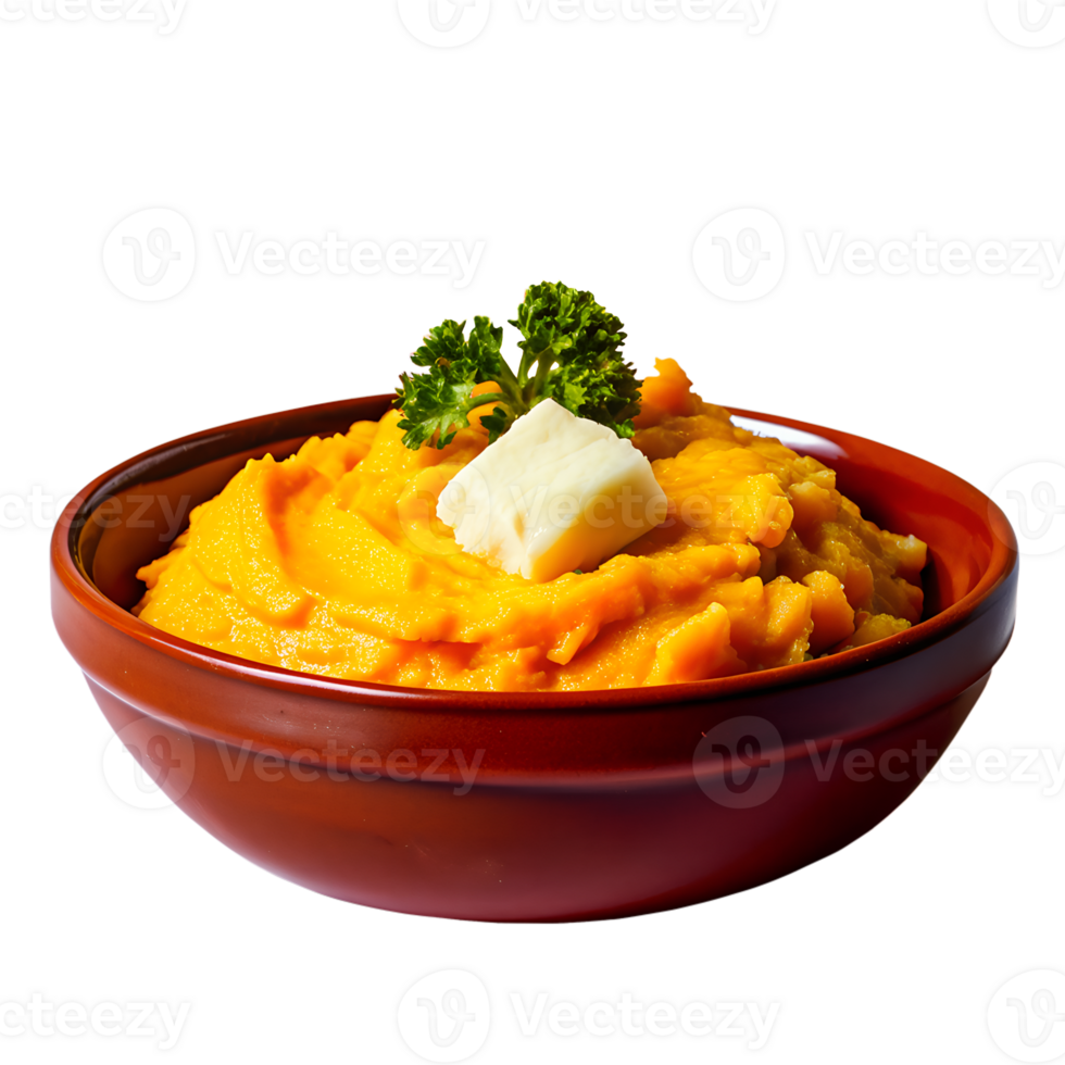 Delicious mashed sweet potatoes in a red bowl, garnished with a pat of butter and fresh parsley. Perfect for a wholesome meal. png