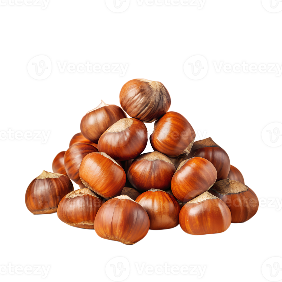 A pile of fresh brown chestnuts isolated on a white background. Perfect for culinary, seasonal, and nature-related themes. png