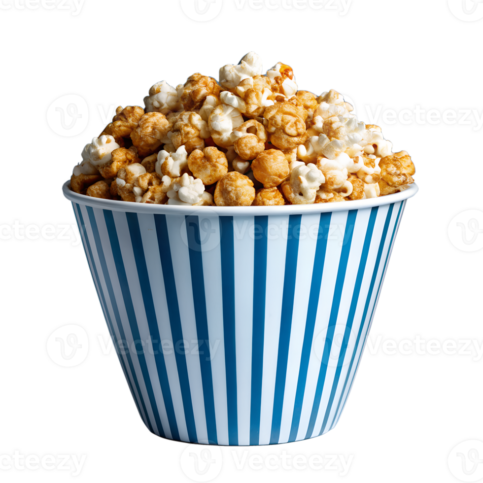 A striped container filled with caramel-coated popcorn, perfect for a movie night snack or a tasty treat. Close-up on white background. png
