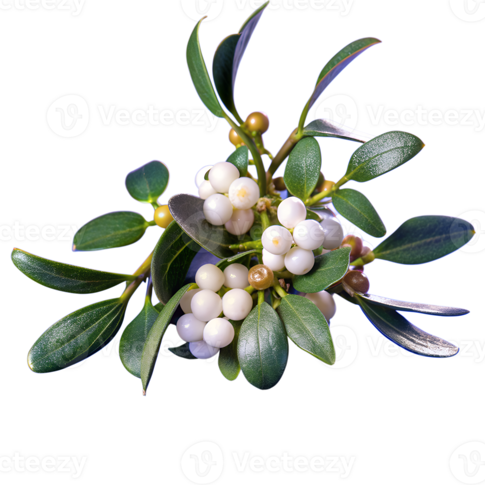 Close-up of fresh green mistletoe with white berries, isolated on white background. Ideal for holiday and botanical stock photos. png