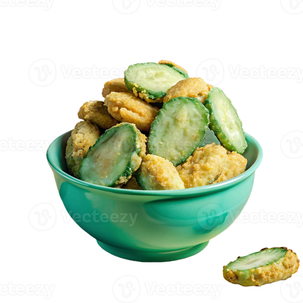 A vibrant green bowl filled with crispy fried pickles, showcasing a delicious snack or appetizer option. Perfect for food photography. png
