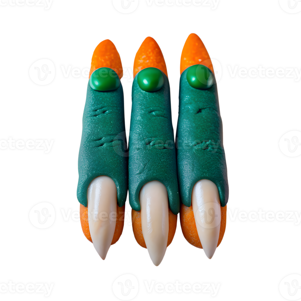 Creative Halloween snack shaped like spooky witch fingers with green icing and almond nails on orange base. png
