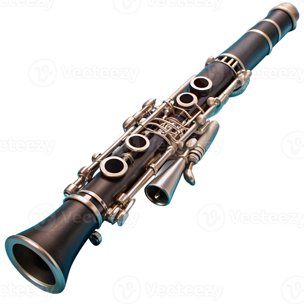 Close-up image of a black clarinet showcasing its intricate keys and details against a white background, perfect for music-related content. png