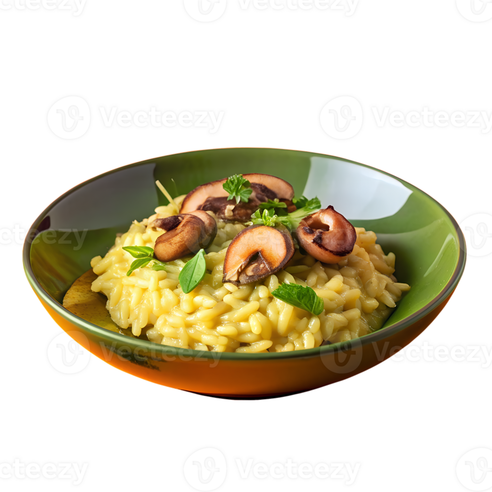 Delicious creamy mushroom risotto garnished with fresh herbs, served in a vibrant green bowl on a white background. png
