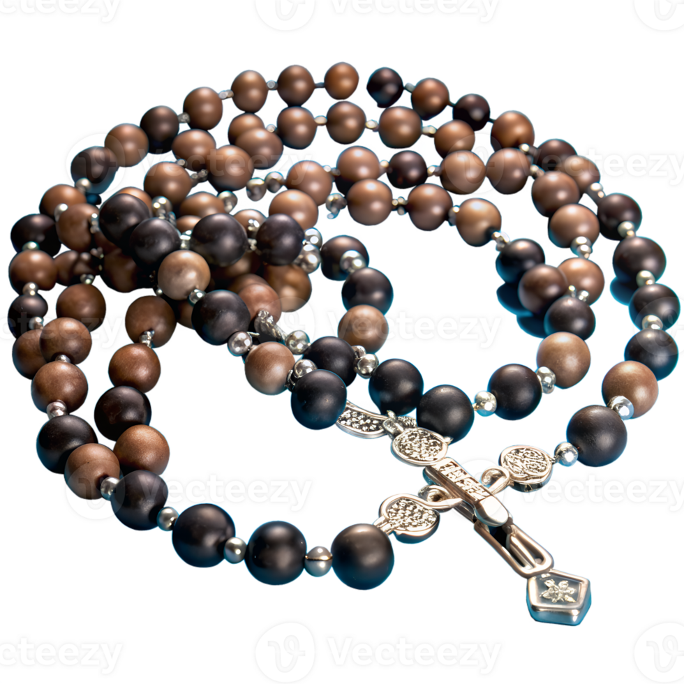 Close-up of wooden rosary beads with a silver cross, displayed on a dark background. Symbolizes faith, prayer, and spirituality. png