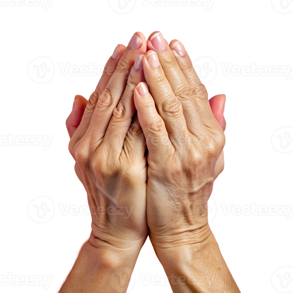 Close-up of elderly hands clasped together in prayer, showcasing wrinkles and aged skin, highlighted against a black background. png