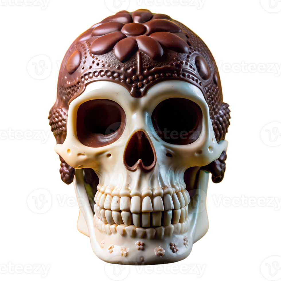 A detailed chocolate skull intricately decorated with floral patterns, blending artistry and confectionery in a unique and delicious design. png