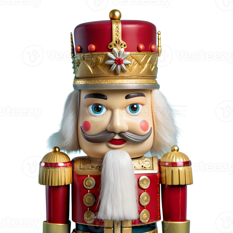 Close-up of a traditional wooden nutcracker soldier in bright red attire, classic Christmas decor, isolated on white background. png
