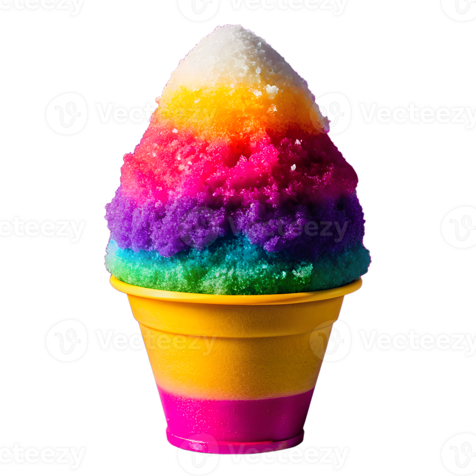Colorful rainbow shaved ice in a yellow cup, perfect for a refreshing summer treat or dessert on a hot day, vibrant and sweet. png