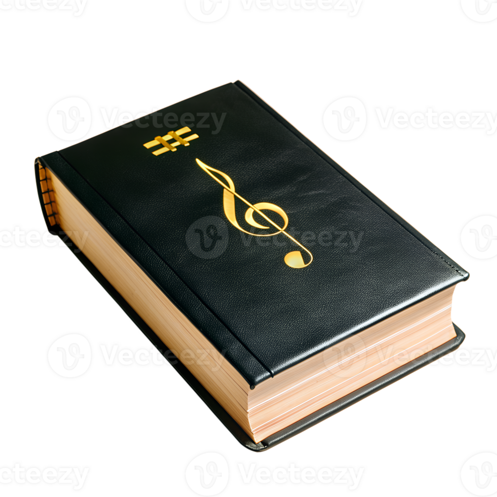 Black leather-bound music book with a golden treble clef and cross symbol on the cover, isolated on a white background. png