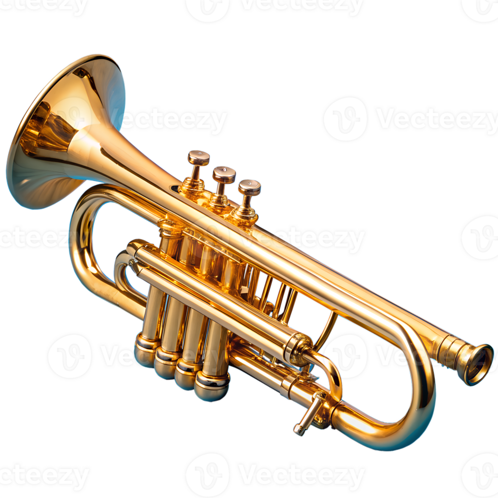 A detailed image of a golden shiny trumpet with intricate valve design, isolated against a white background, perfect for music-related themes. png