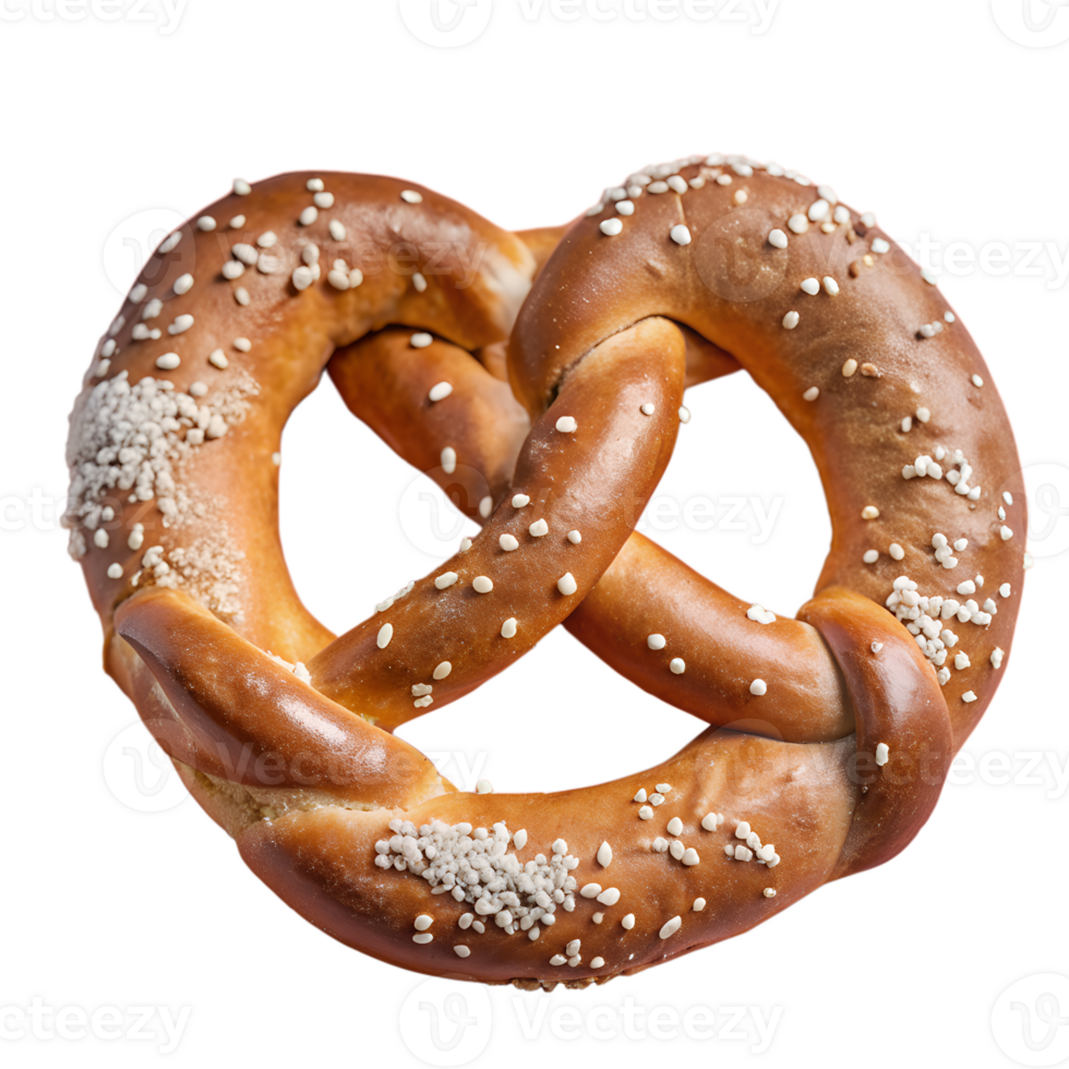 Close-up of a freshly baked pretzel covered in coarse salt. Perfect for bakery, snack, or food-related themes. png