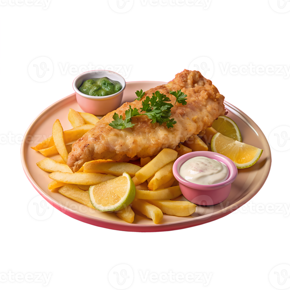 Classic fish and chips served on a plate with lemon wedges, two dipping sauces, and garnished with parsley. Perfect for a tasty meal. png