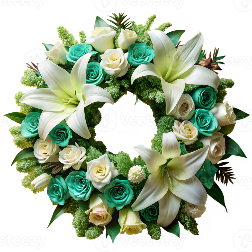 Beautiful floral wreath with white lilies and turquoise roses, perfect for festive decoration or gift. png