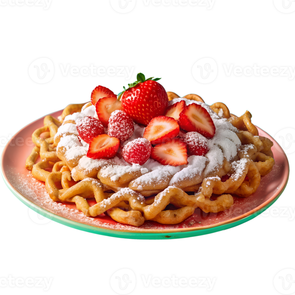 Delicious funnel cake topped with fresh strawberries and powdered sugar on a pink plate, perfect dessert for any occasion. png
