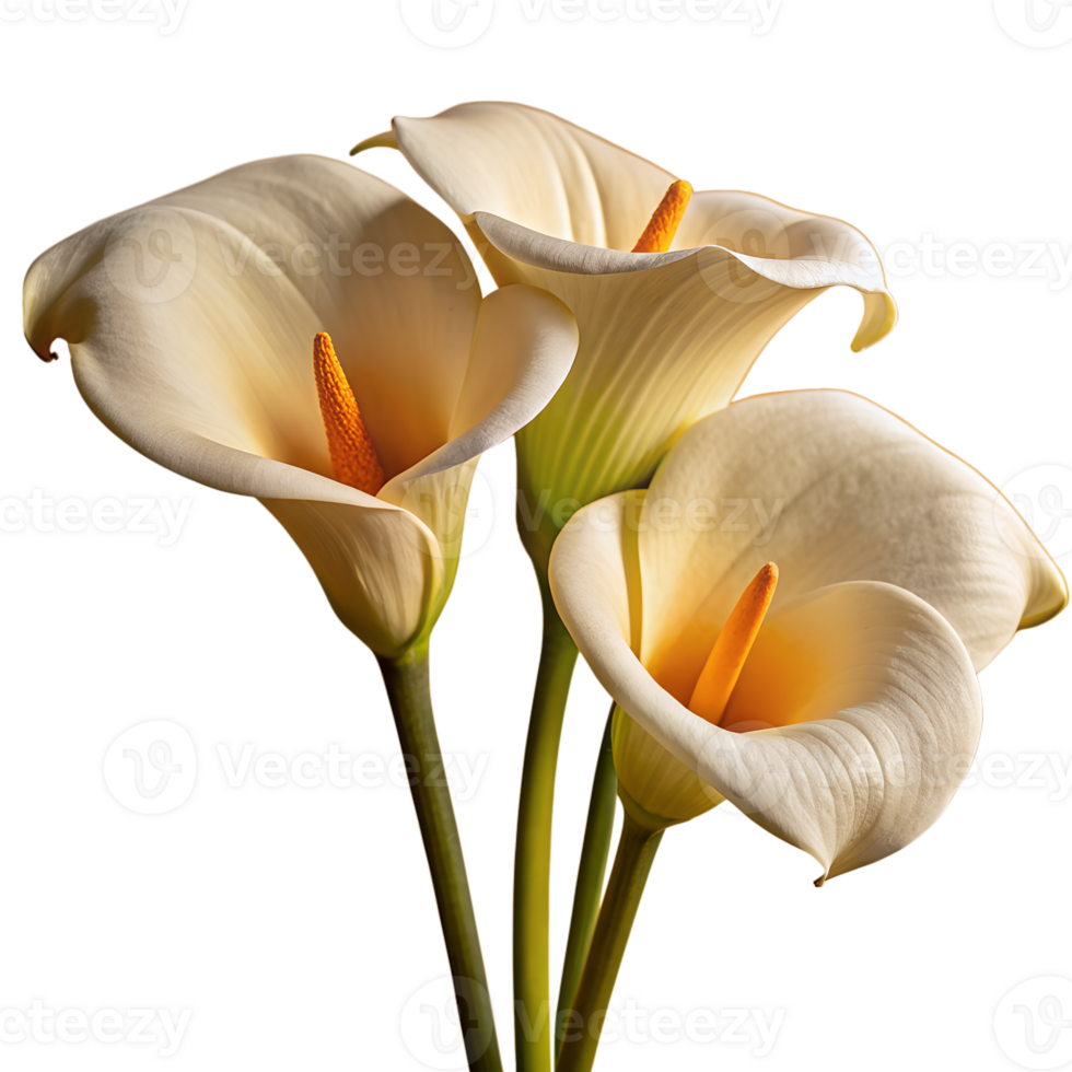 Close-up of elegant white calla lilies against a white background. Perfect for nature, floral, and botanical themes. png