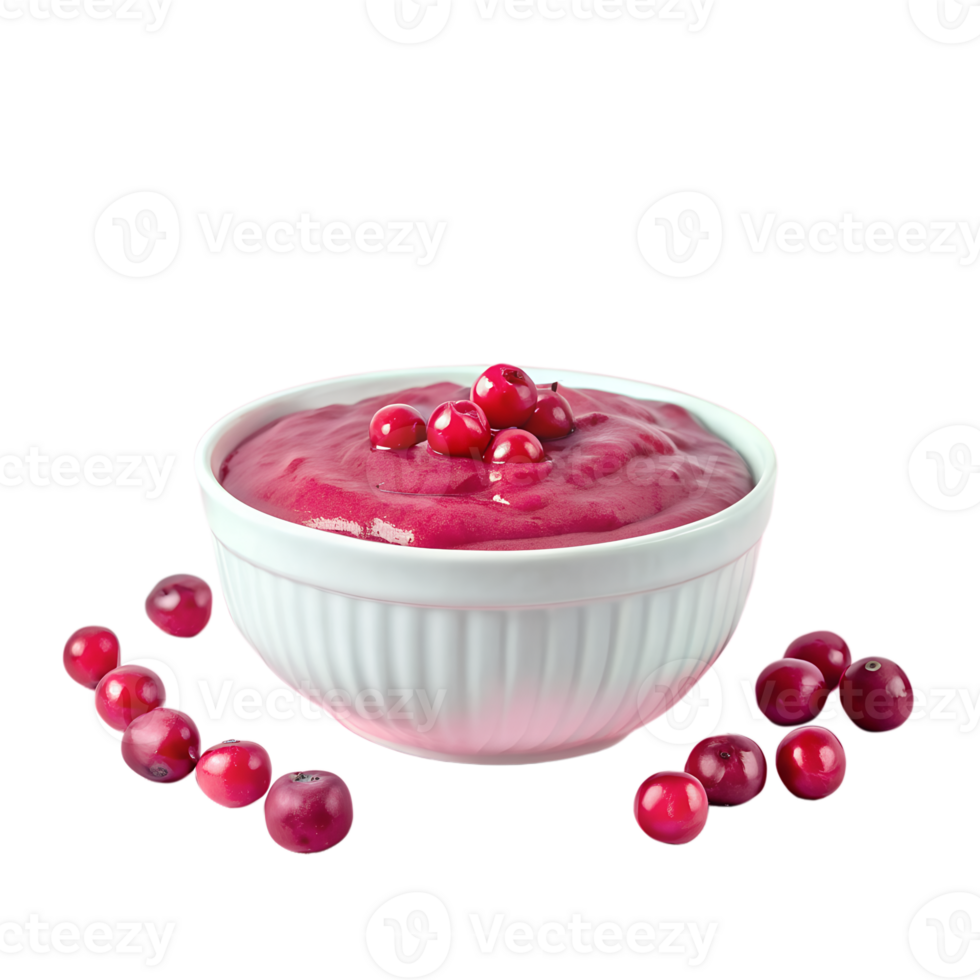 A white bowl filled with creamy cranberry sauce, garnished with fresh cranberries, isolated on a white background. png