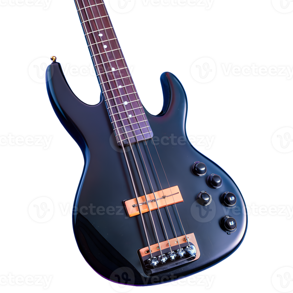 Close-up of a black electric bass guitar with four strings, showcasing the bridge, pickups, and control knobs. png
