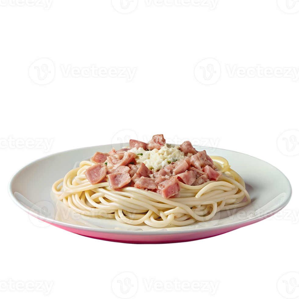 Delicious plate of spaghetti carbonara topped with creamy sauce, bacon, and a sprinkle of parsley, perfect for a hearty Italian meal. png