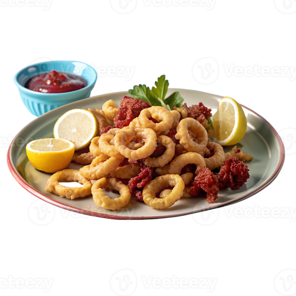 Delicious crispy fried calamari served with lemon wedges and marinara sauce, perfect for appetizers or seafood lovers. png