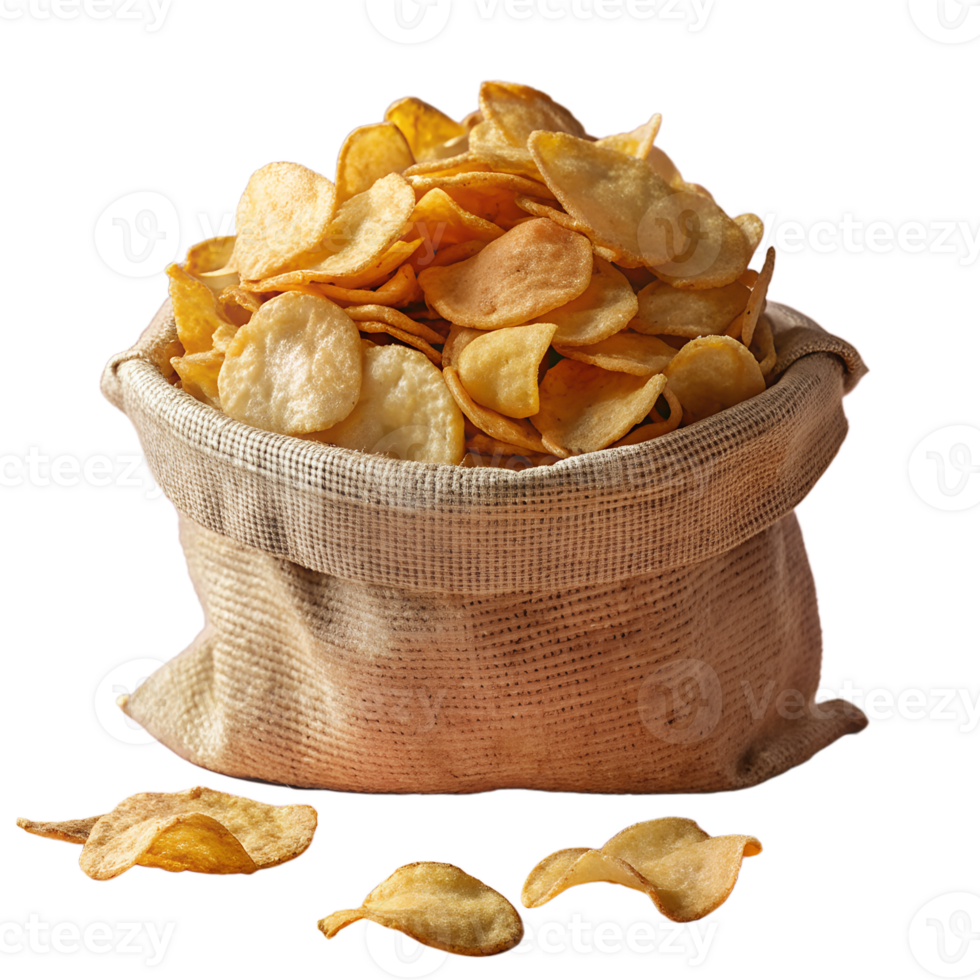 A large, rustic burlap sack overflowing with crispy, golden potato chips, perfect for snacks or parties. png