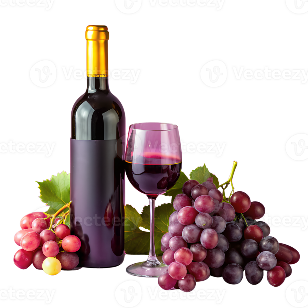 Bottle of red wine with a glass and grapes on a white background. Perfect for vineyard, winery, and wine tasting concepts. png