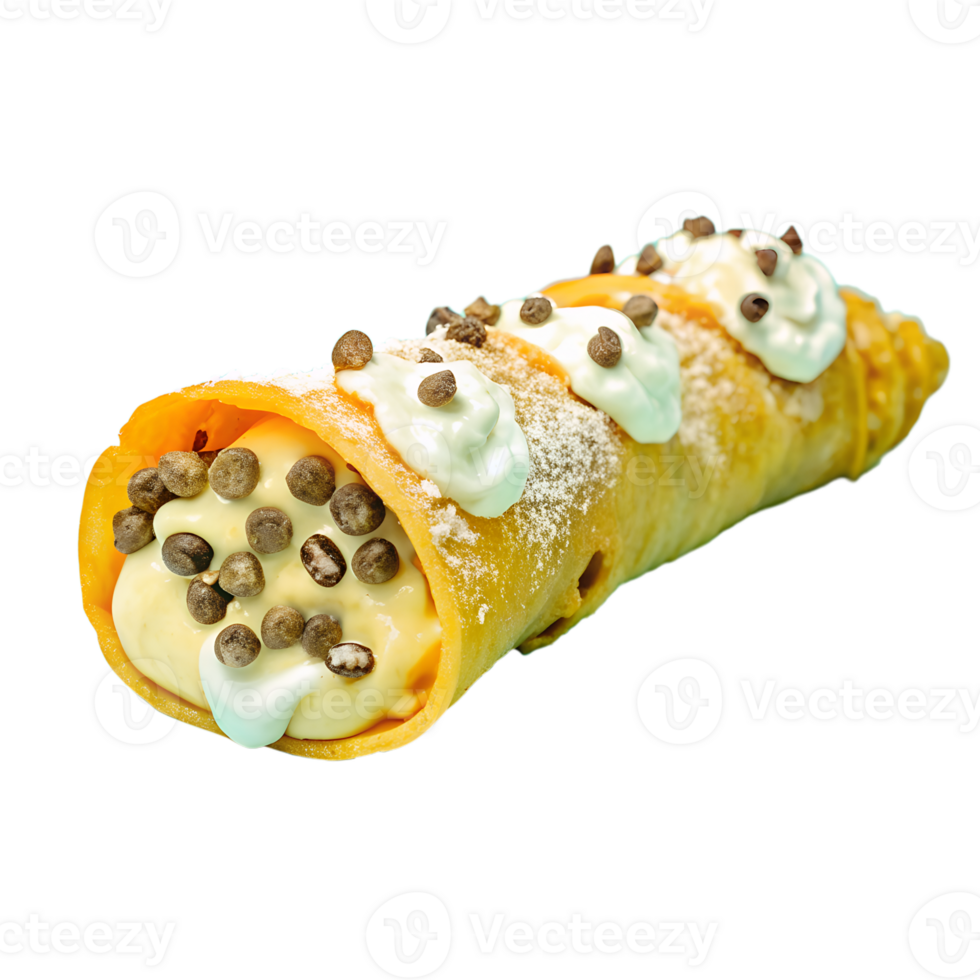 Close-up of a delicious pastry filled with cream and topped with powdered sugar and chocolate chips, against a white background. png