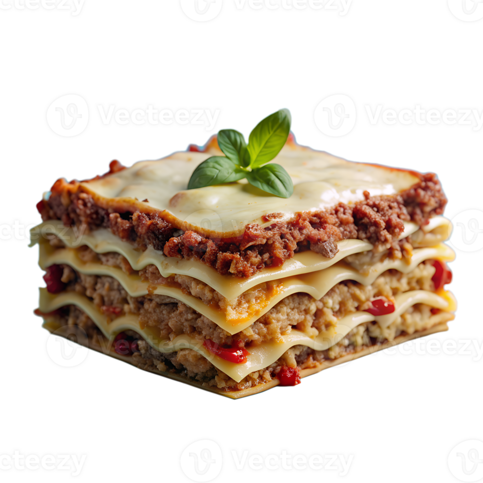 Delicious homemade lasagna with layers of pasta, meat sauce, cheese, and fresh basil, perfect for a comforting family meal. png