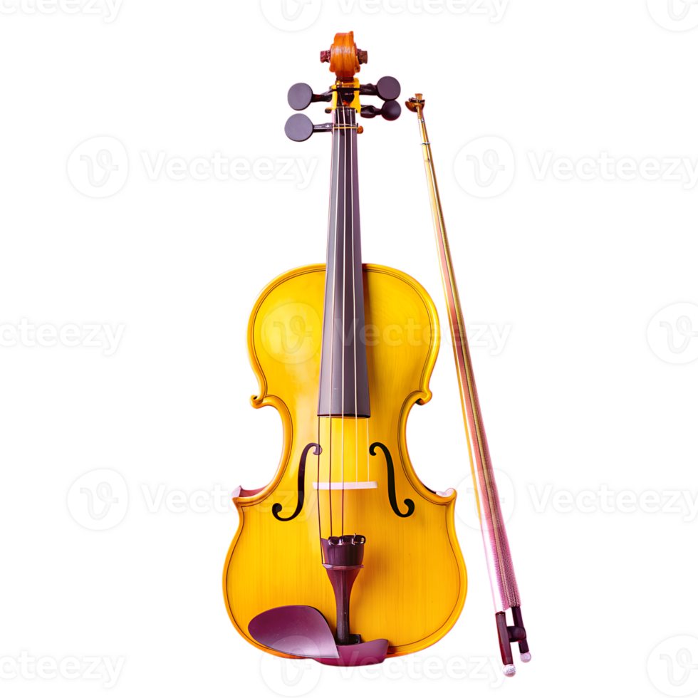 Vertical violin with bow on white background. Musical instrument showcasing classic design, perfect for orchestra, concert, or music education. png