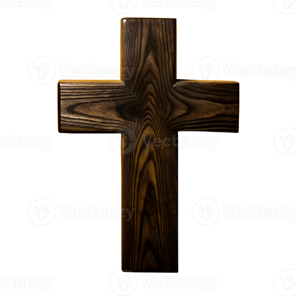Wooden cross with intricate grain pattern symbolizing faith and spirituality, isolated on a white background. png