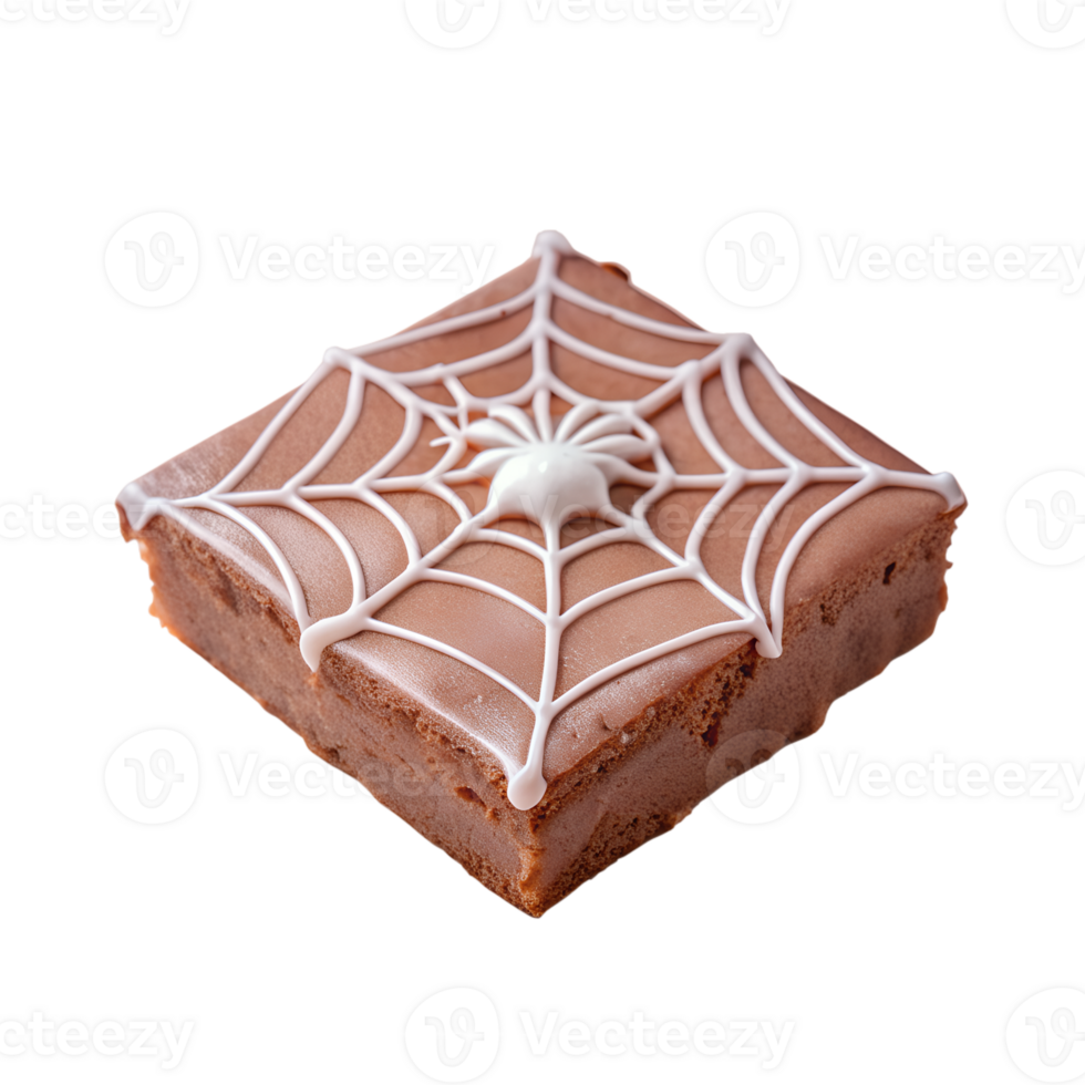 Square chocolate brownie with white icing spider web design. Ideal for Halloween, themed parties, and festive dessert ideas. png