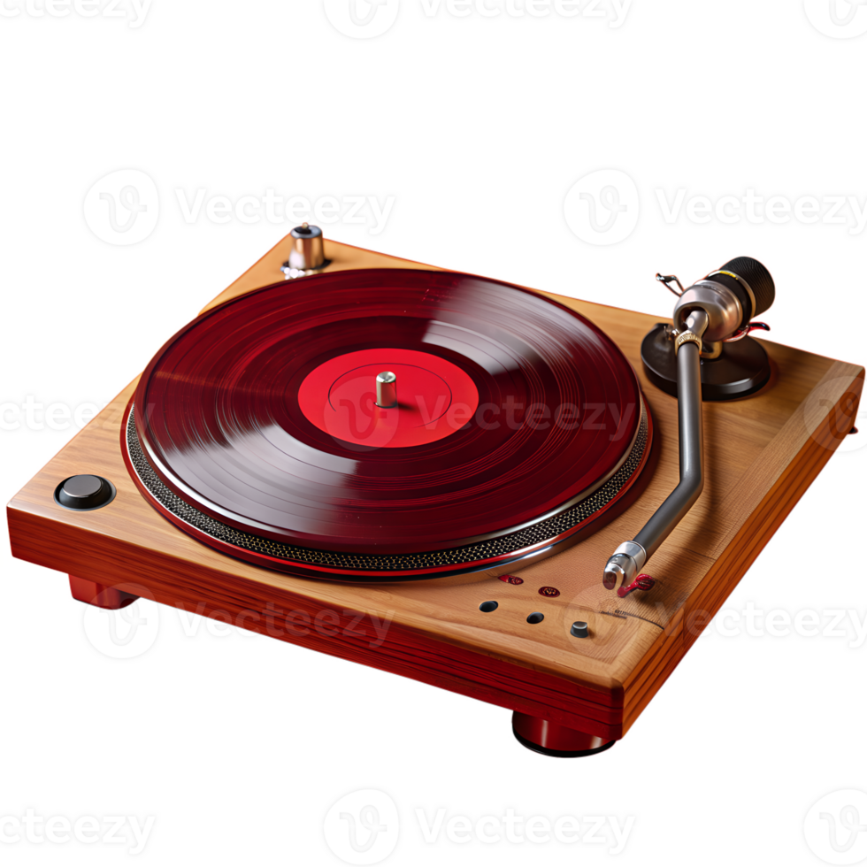 Vintage wooden turntable playing red vinyl record. Perfect for retro music enthusiasts and collectors. Capture the nostalgia of analog sound. png