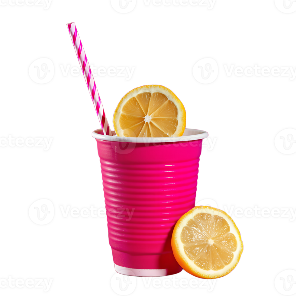Pink plastic cup with a striped straw and slices of fresh lemon, isolated on white background. Refreshing summer drink concept. png